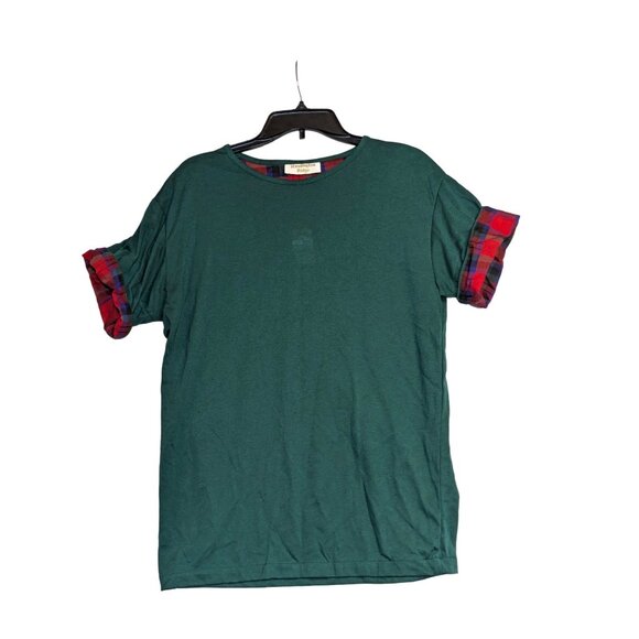 Huntington Ridge Green T-Shirt With Plaid Sleeve Accents Small Cotton/Poly Blend - Picture 1 of 4
